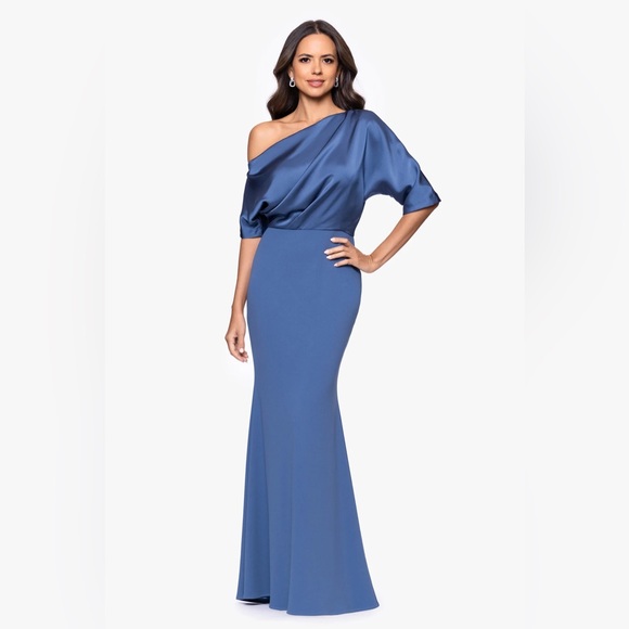 Betsy & Adam Blue Off-Shoulder Satin Gown Formal Evening Dress NWT Size 10